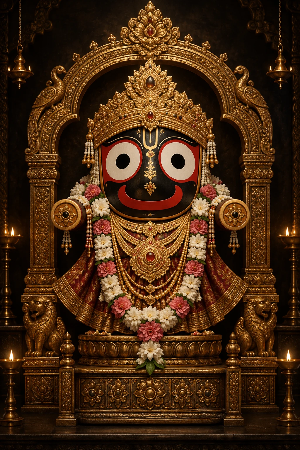Original devotional artwork of Jagannath Ji adorned with gold and flowers