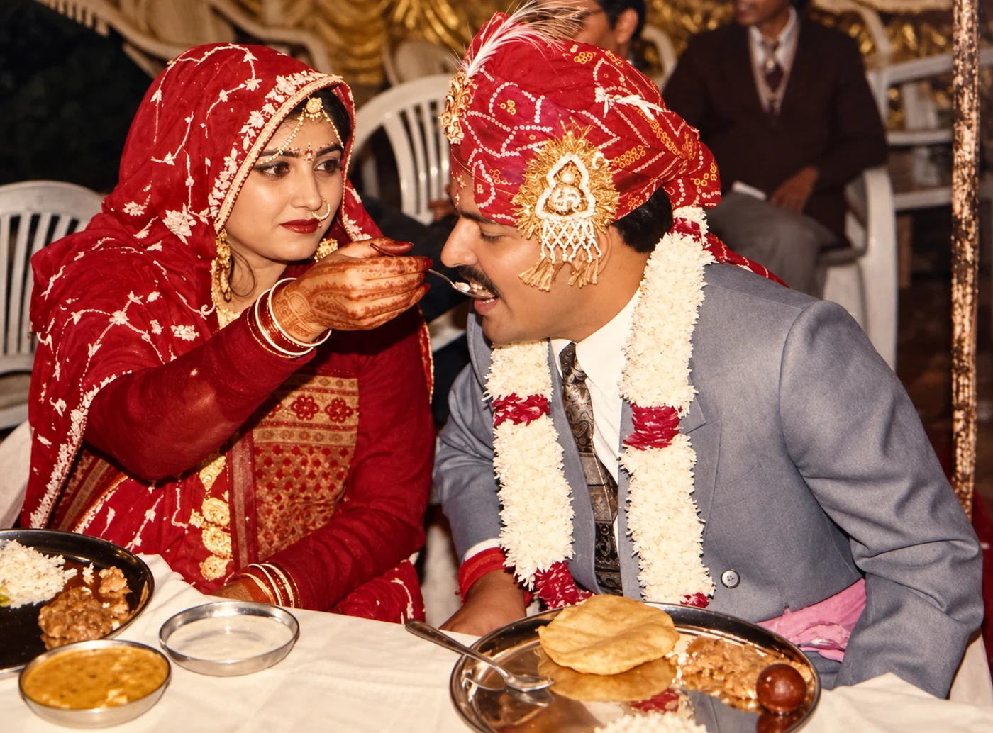 The couple sharing a meal during their original wedding celebration