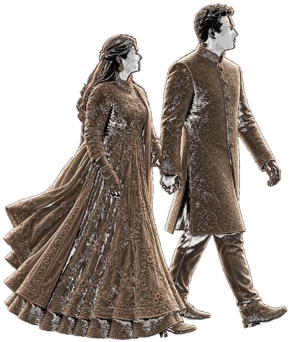 Artistic silhouettes of the couple walking hand in hand